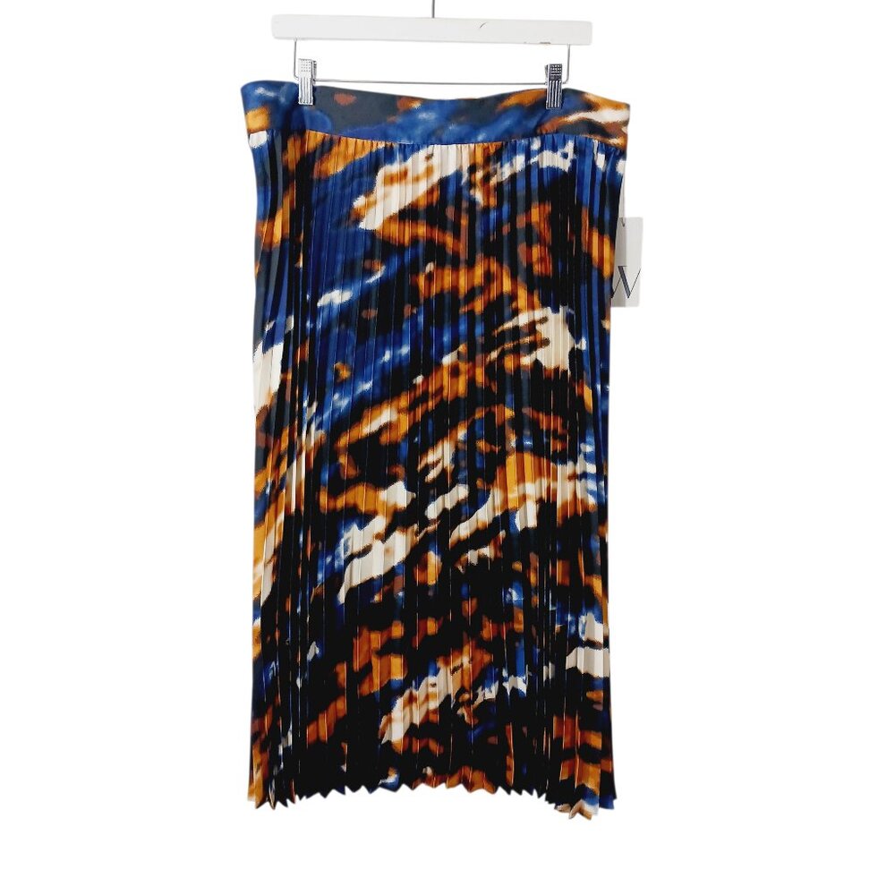 Worthington, NWT XL Midi Pleated Skirt W/ Abstract Print Navy Cream Gold & Black - Picture 1 of 14